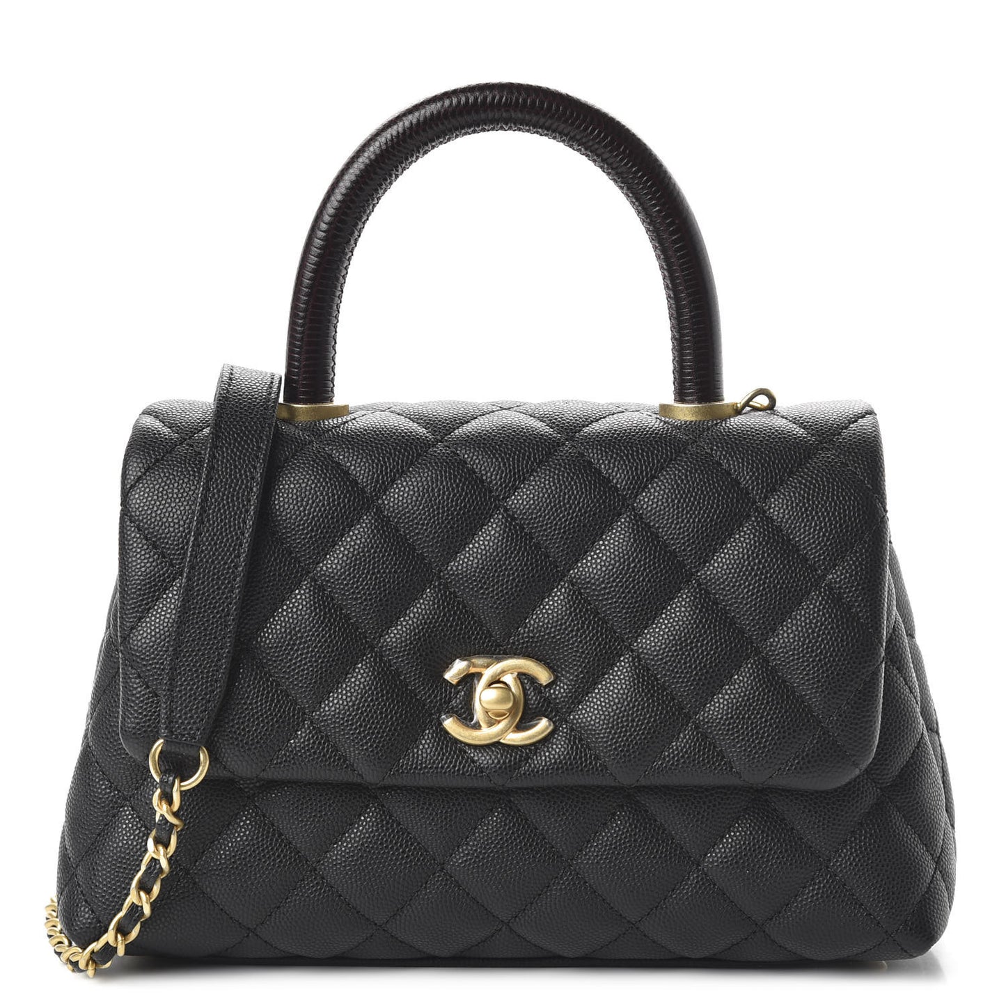 Caviar Lizard Embossed Quilted Mini Coco Handle Flap Black