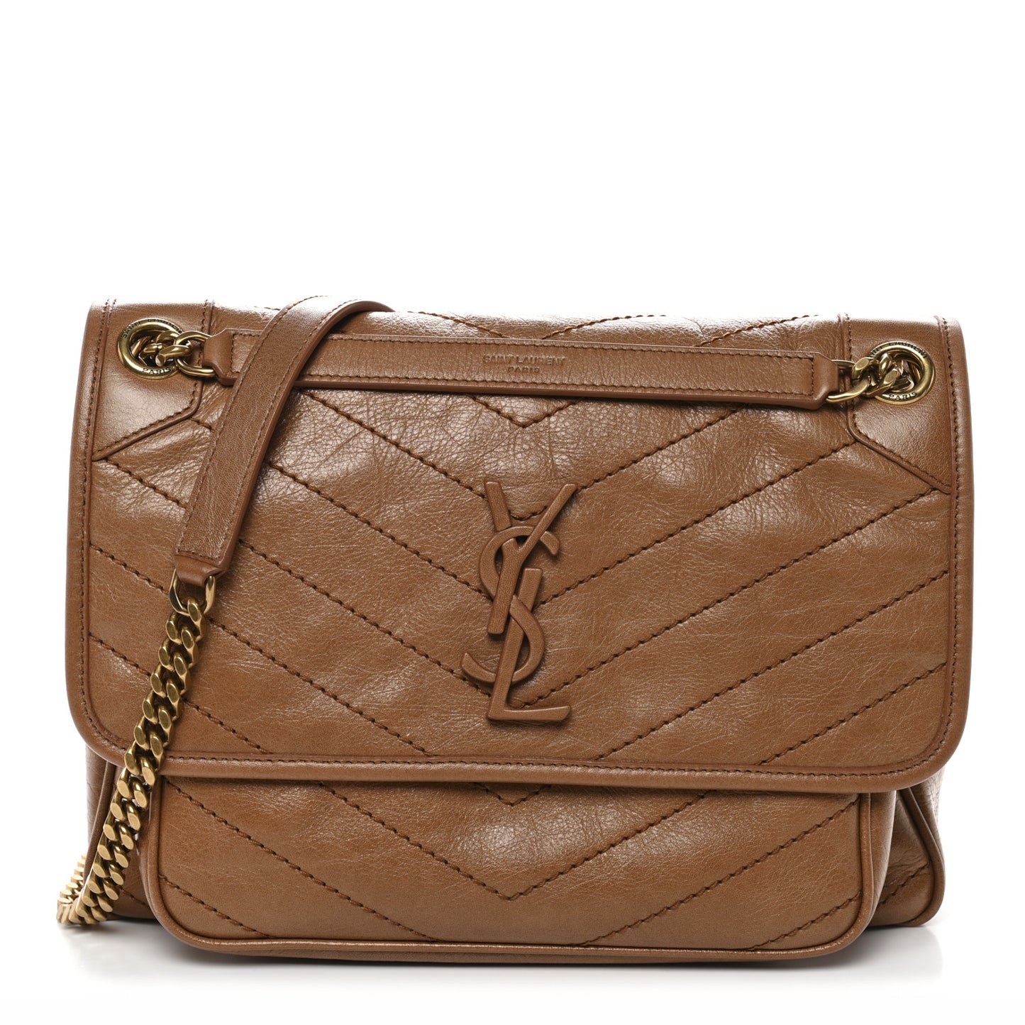Crinkled Calfskin Matelasse Monogram Medium Niki Chain Satchel Caramel