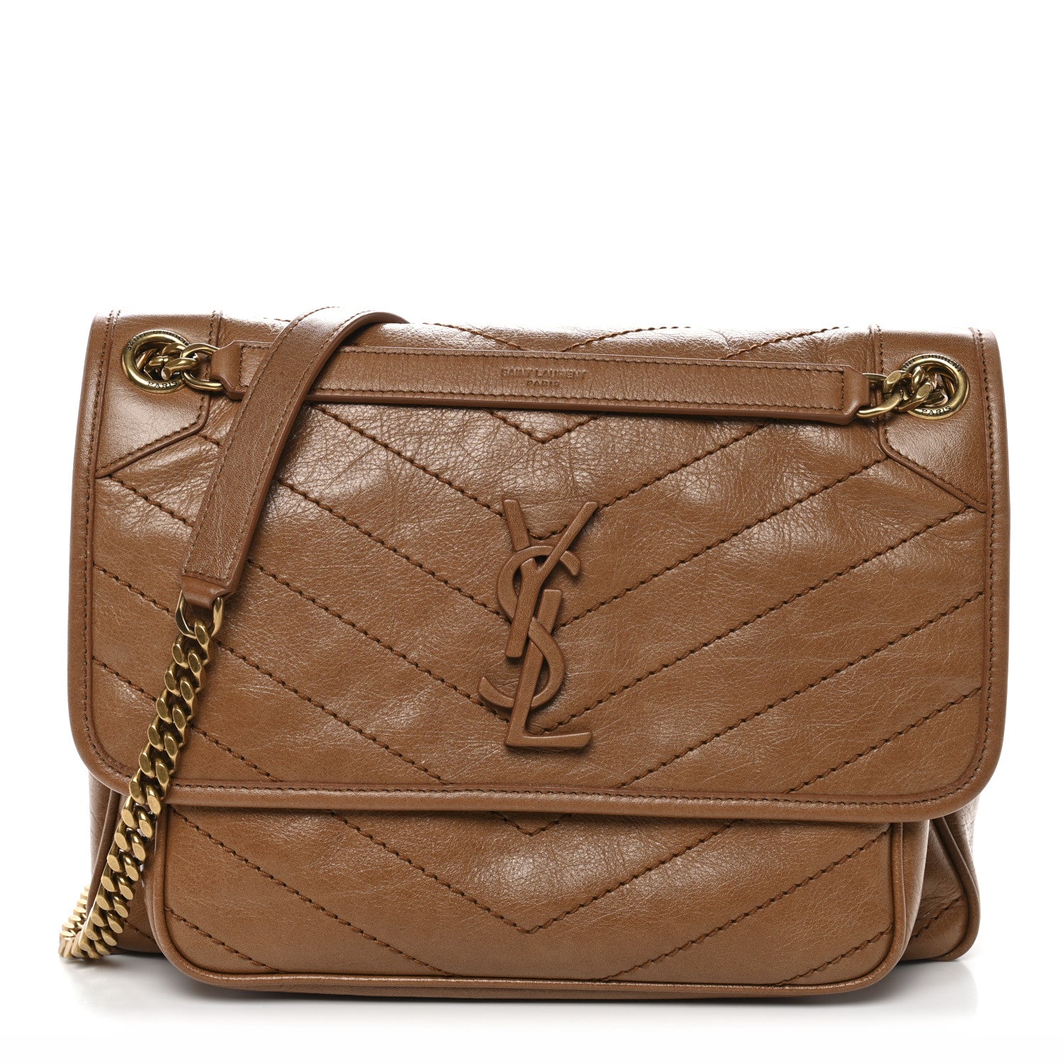 Saint Laurent Crinkled Calfskin Matelasse Monogram Medium Niki Chain Satchel Caramel 1 of 10