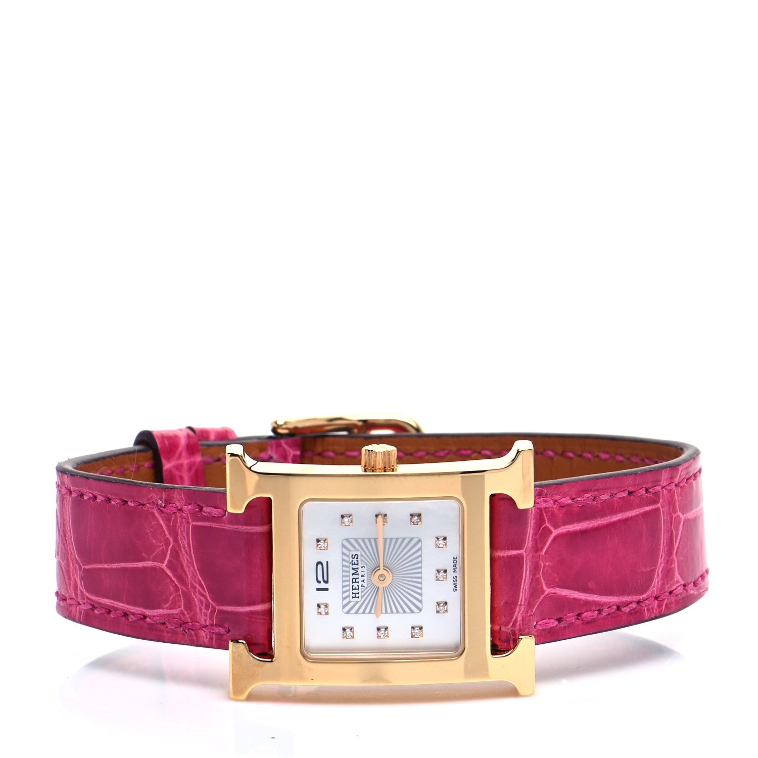Hermes Stainless Steel Alligator Diamond Mother of Pearl 21mm Heure H Hour Quartz Watch Framboise 2 of 6