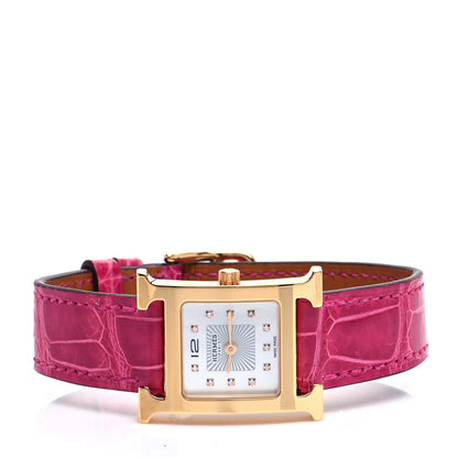 Hermes Stainless Steel Alligator Diamond Mother of Pearl 21mm Heure H Hour Quartz Watch Framboise 2 of 6