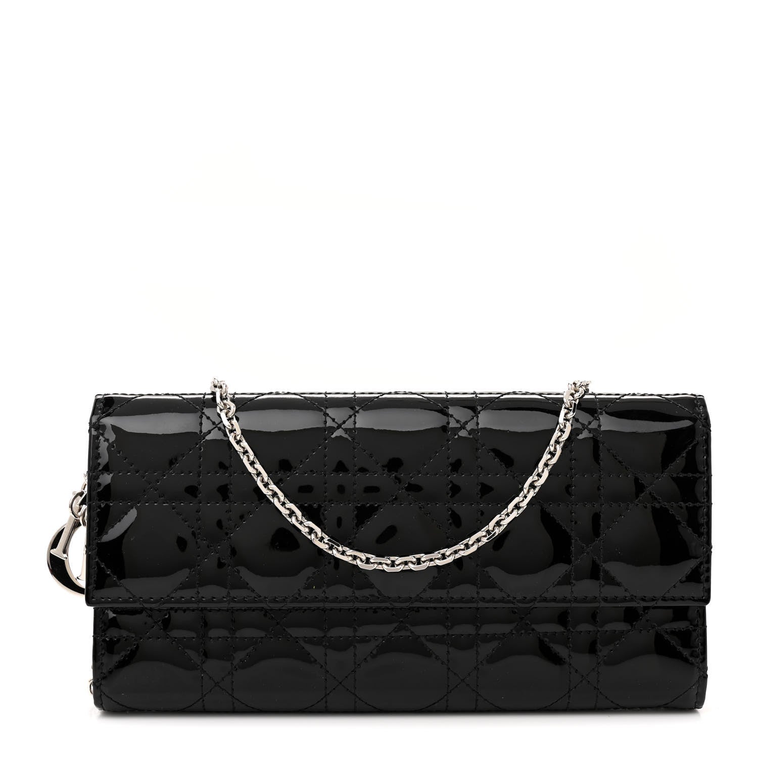 Christian Dior Patent Lambskin Cannage Lady Dior Rendezvous Wallet On Chain Black 1 of 11