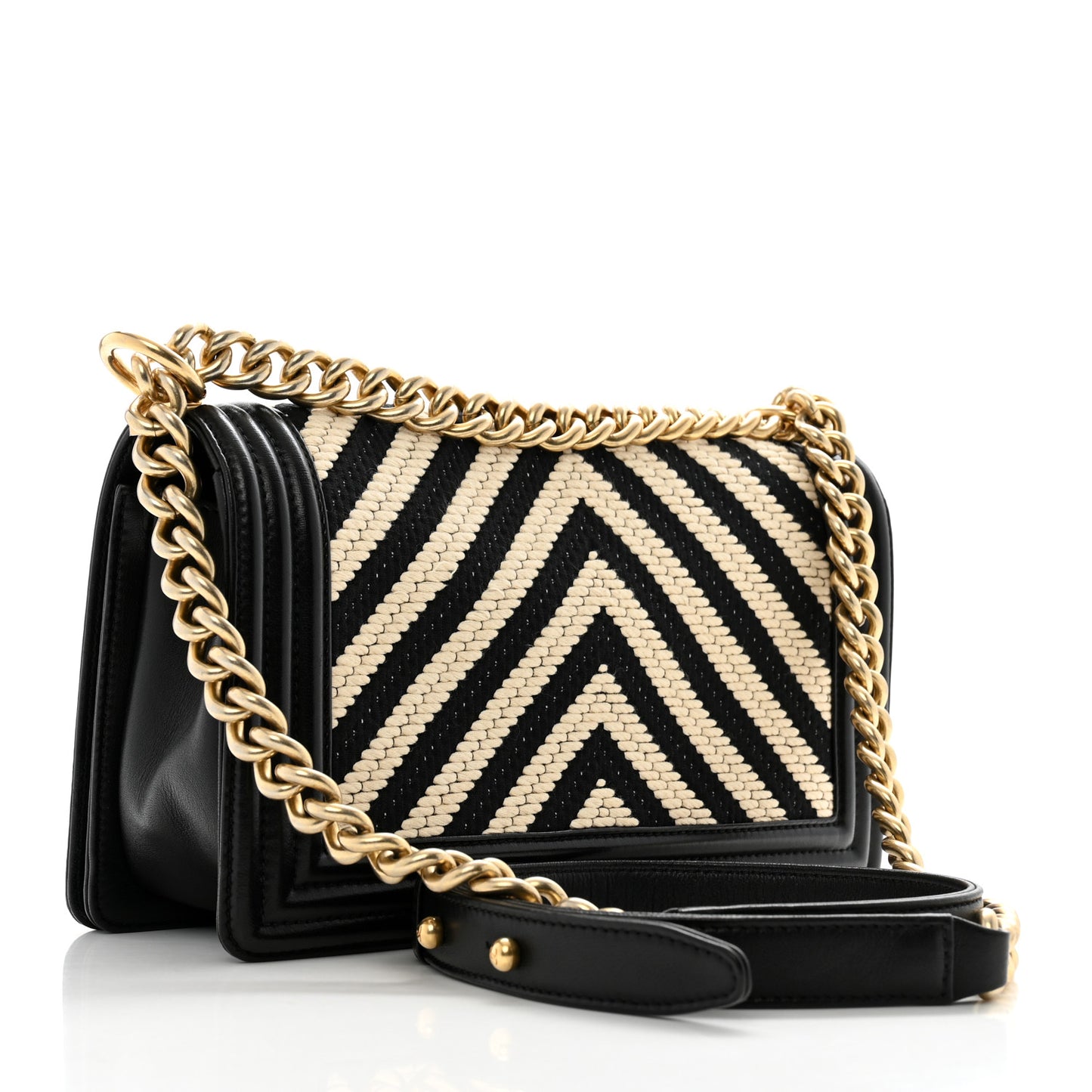 Fabric Chevron Braided Medium Boy Flap Black White