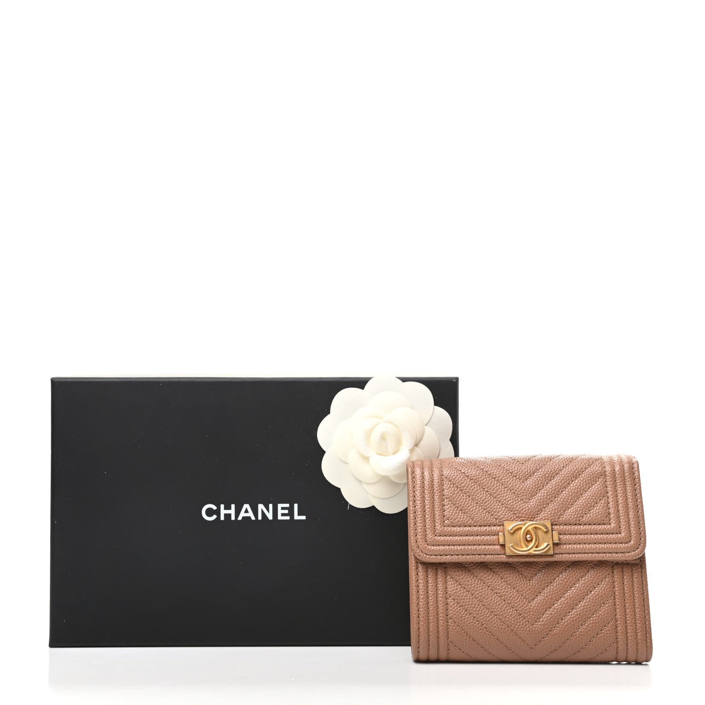 Caviar Chevron Quilted Boy Compact Wallet Light Brown