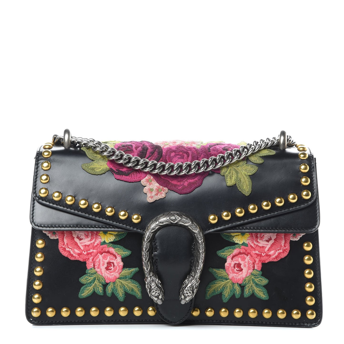 Calfskin Floral Embroidered Studded Small Dionysus Shoulder Bag Black