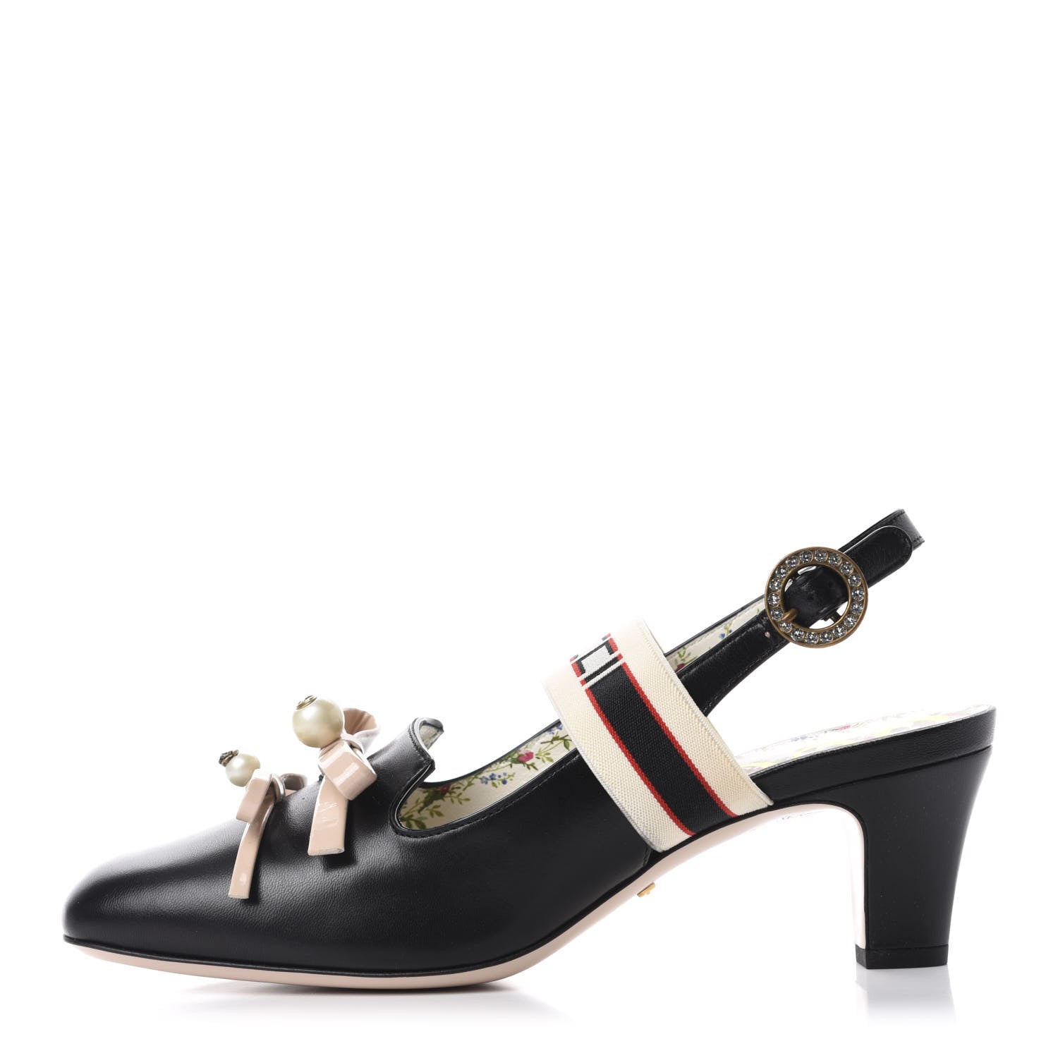 Gucci Malaga Kid Bow Ace Stripe Mid Heel Slingback Pumps 38 Black 1 of 10