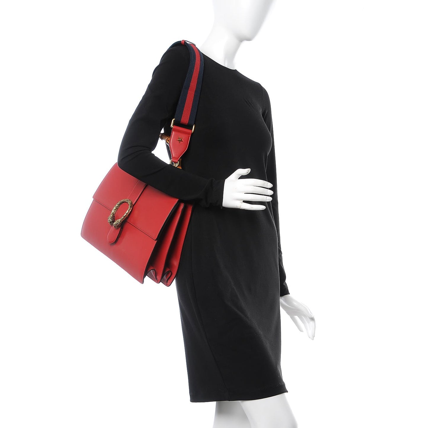 Moon Calfskin Web Large Dionysus Bamboo Top Handle Bag Hibiscus Red