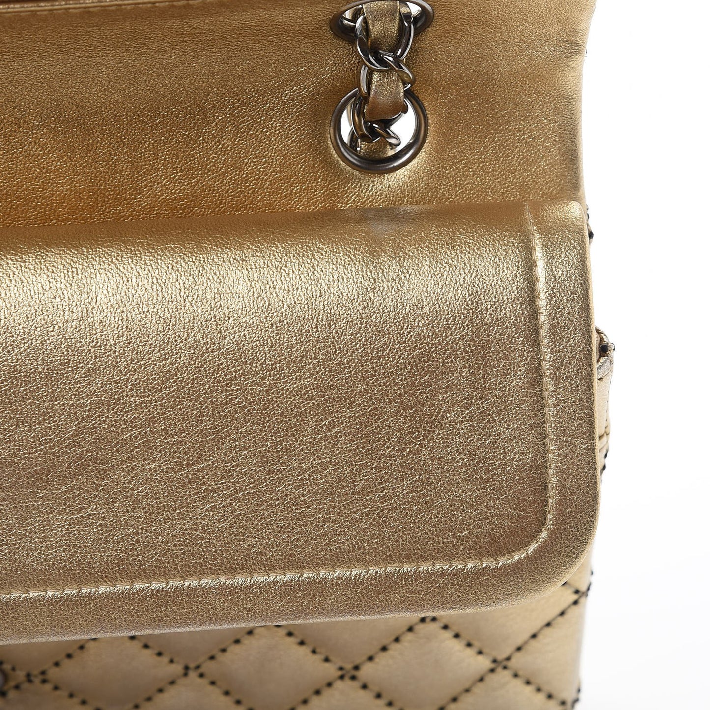Metallic Lambskin Quilted Stitch Medium Double Flap Light Gold