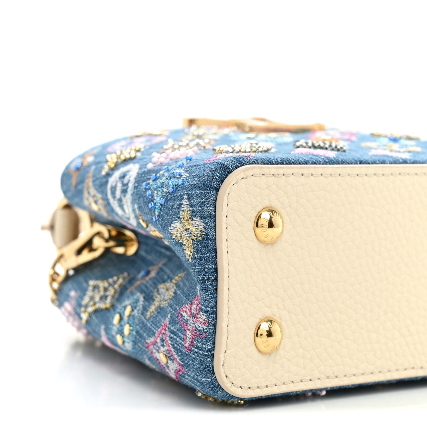 Denim Lurex Beaded Calfskin Capucines Mini Blue Cream