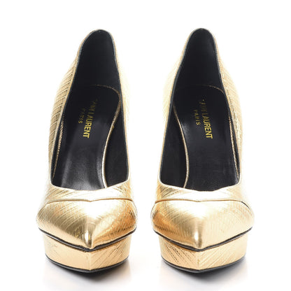 Saint Laurent Metallic Lizard Calfskin Embossed Janis 105 Escarpin Cut Out Pump 38.5 Pale Gold 2 of 13