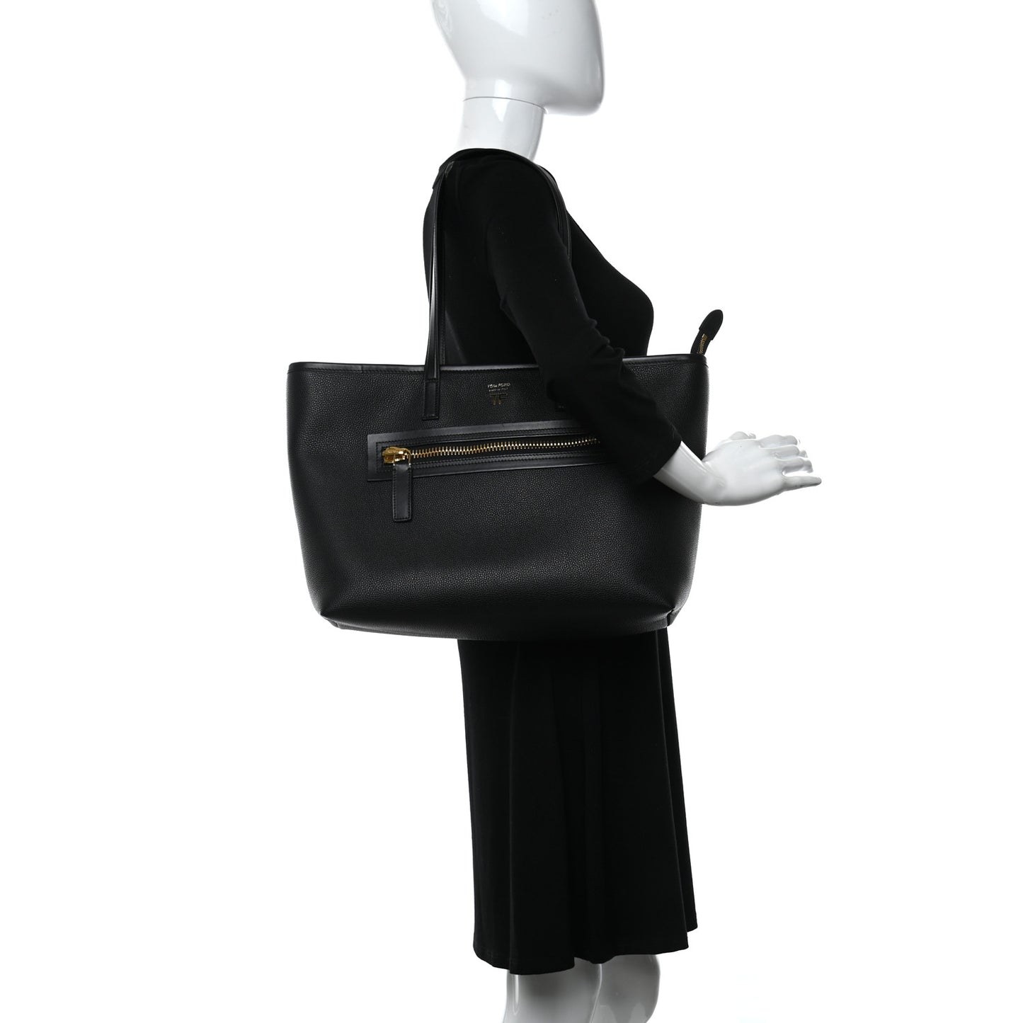 Grained Calfskin East West Medium Zipper Tote Black