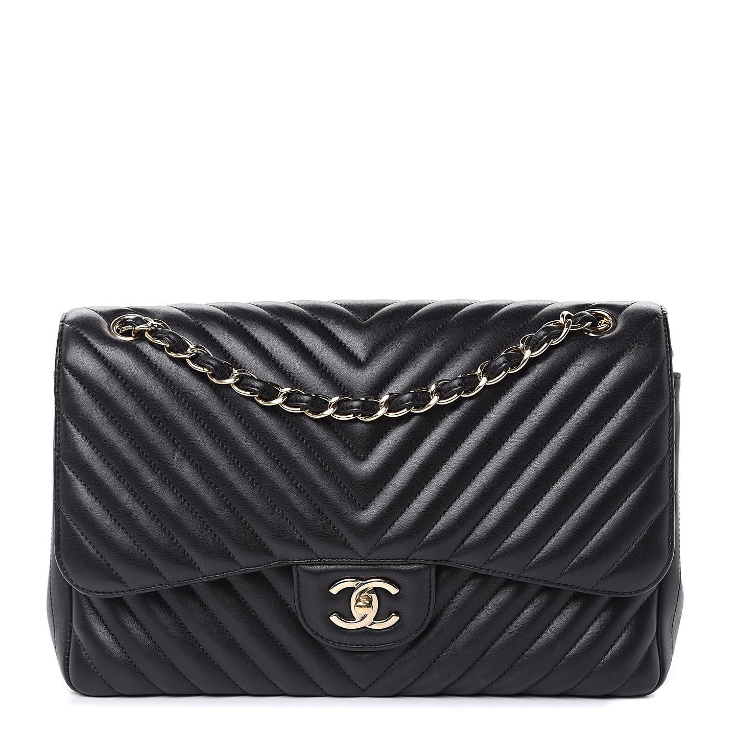 Lambskin Chevron Quilted Jumbo Double Flap Black