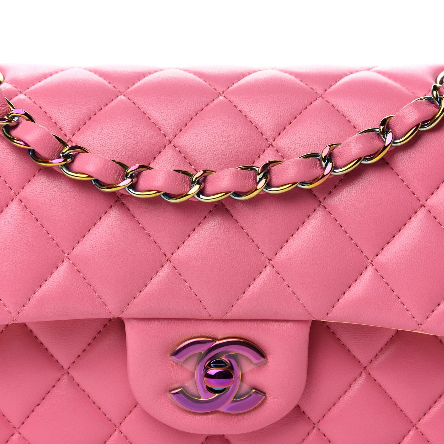 Lambskin Quilted Small Double Flap Pink Yellow