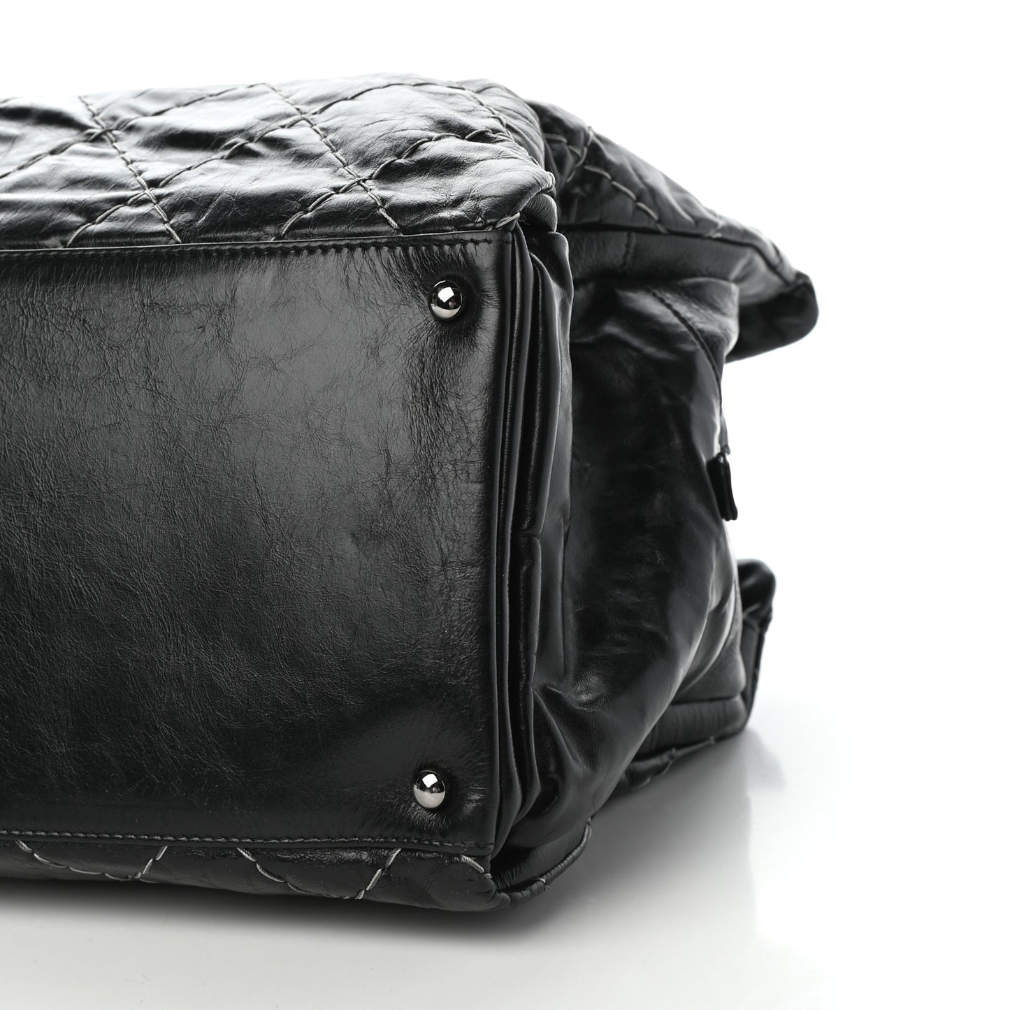 Glazed Goatskin Double Contrast Stitch Large Tote Black