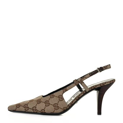 Gucci Monogram Malga Kid Square G 75mm Slingback Pumps 38 Beige Ebony New Acero 1 of 9