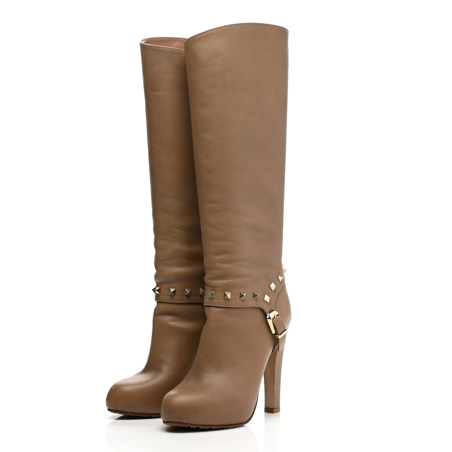 Valentino Garavani Calfskin Rockstud Knee High High Heel Boots 36.5 Tan 3 of 14