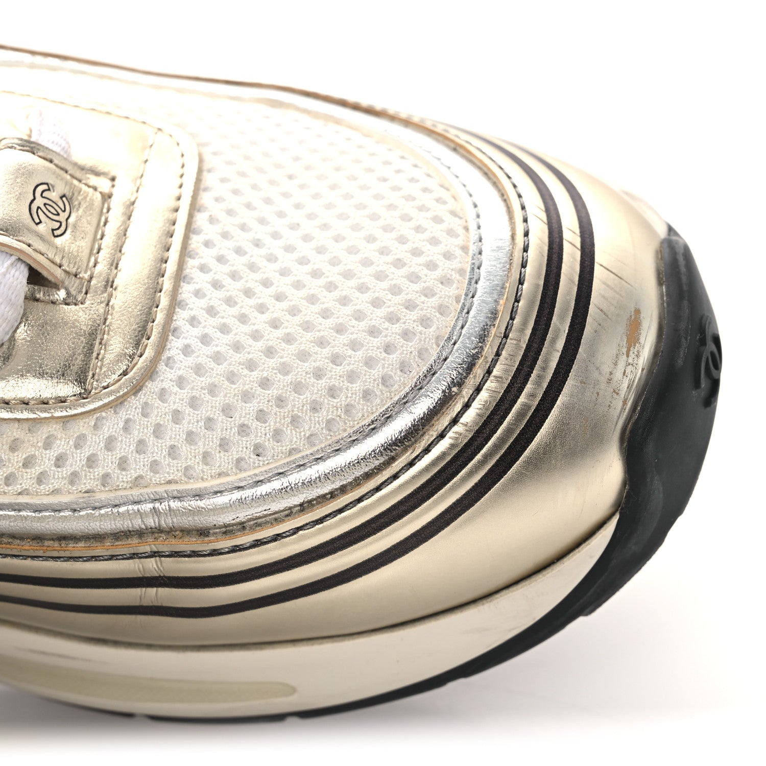 Chanel Fabric Laminated Calfskin Stretch CC Womens Sneakers 40 White Gold Silver 11 of 13