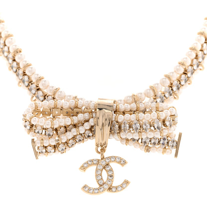 Chanel Pearl Crystal CC Bow Choker Necklace Gold 4 of 5