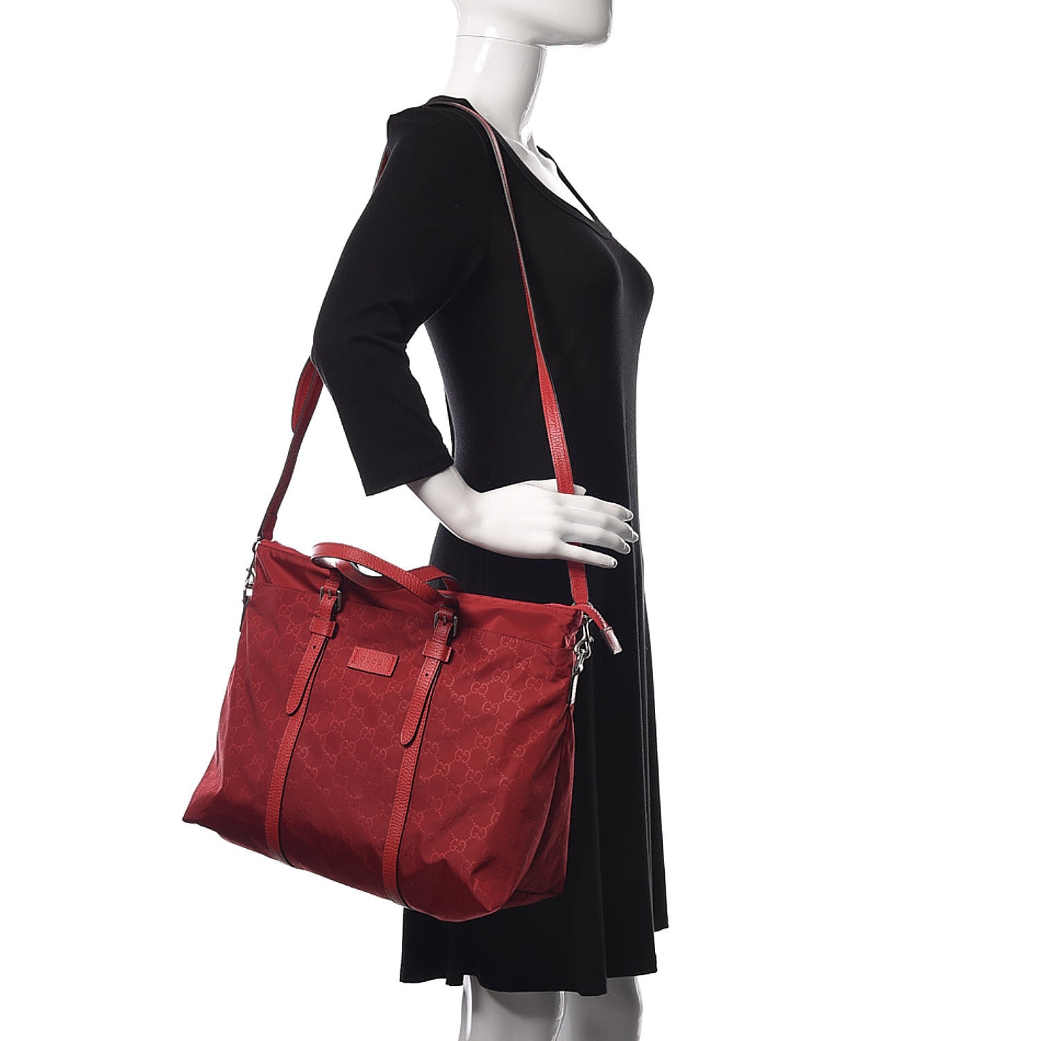 Gucci Nylon Monogram Dollar Calfskin Tote Vibrant Red 2 of 10