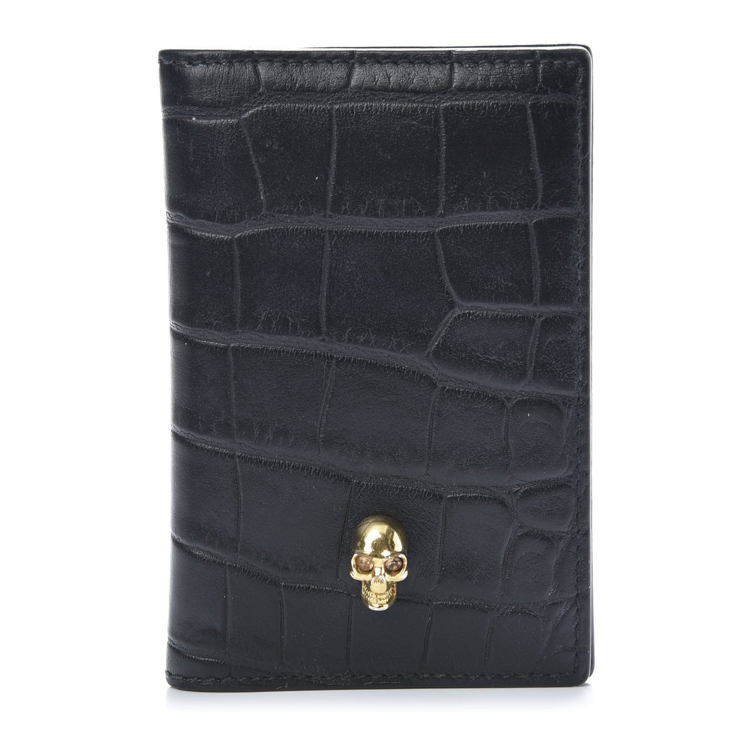 Calfskin Croc Embossed Skull Pocket Organizer Black