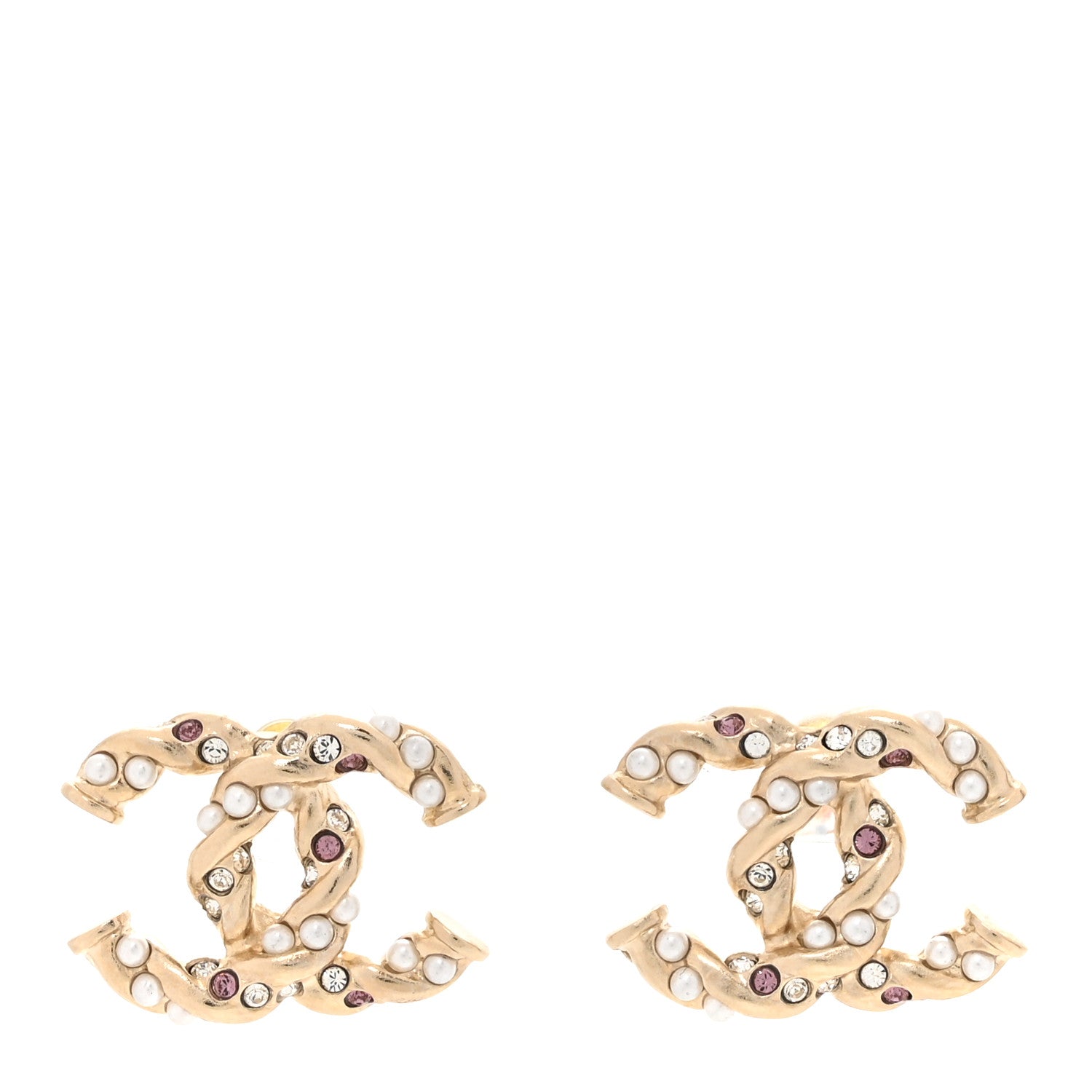 Chanel Metal Pearl Crystal Twisted CC Earrings Light Gold White Pink 1 of 6