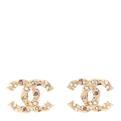 Chanel Metal Pearl Crystal Twisted CC Earrings Light Gold White Pink 1 of 6