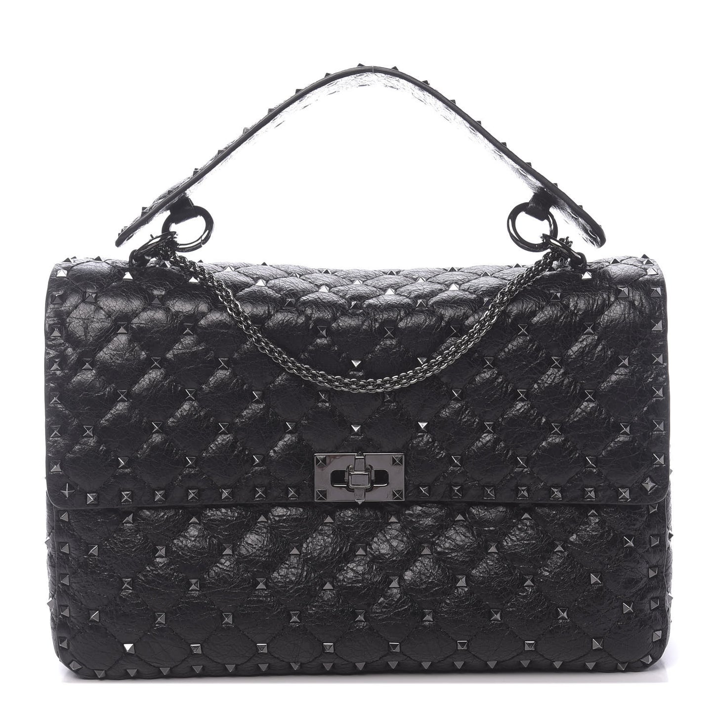 Craquele Nappa Large Rockstud Spike Shoulder Bag Black