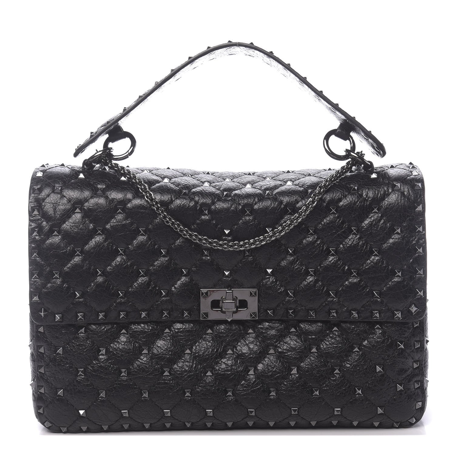 Valentino Garavani Craquele Nappa Large Rockstud Spike Shoulder Bag Black 1 of 9