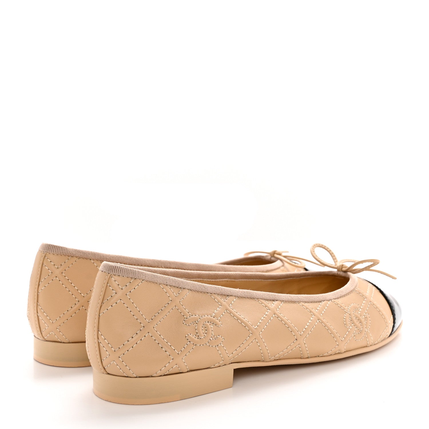 Chanel Lambskin Patent Double Stitched CC Cap Toe Ballerina Flats 38 Ivory Black 4 of 9