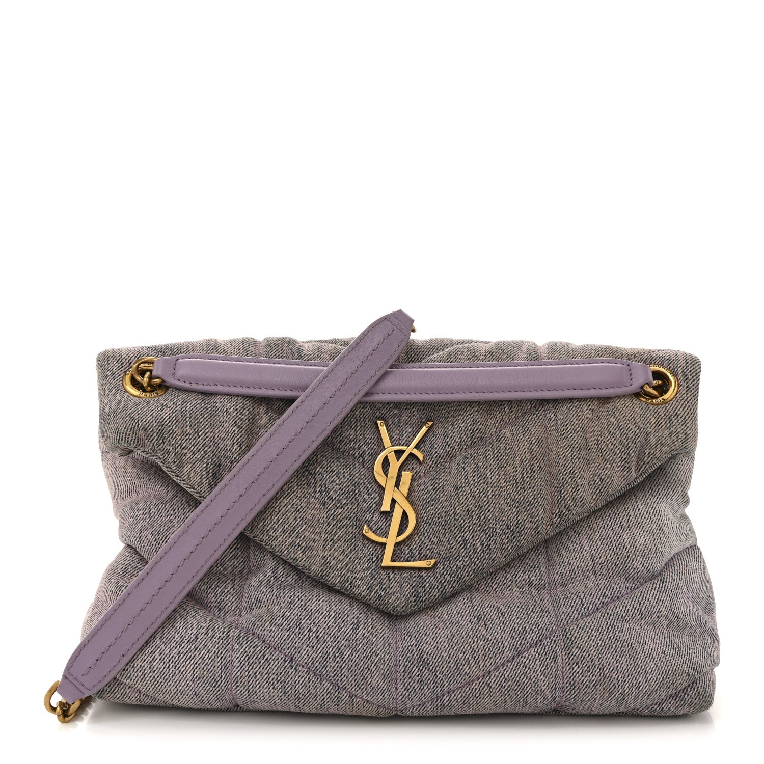 Saint Laurent Denim Quilted Small Loulou Puffer Monogram Chain Satchel Bleached Lilac 1 of 13