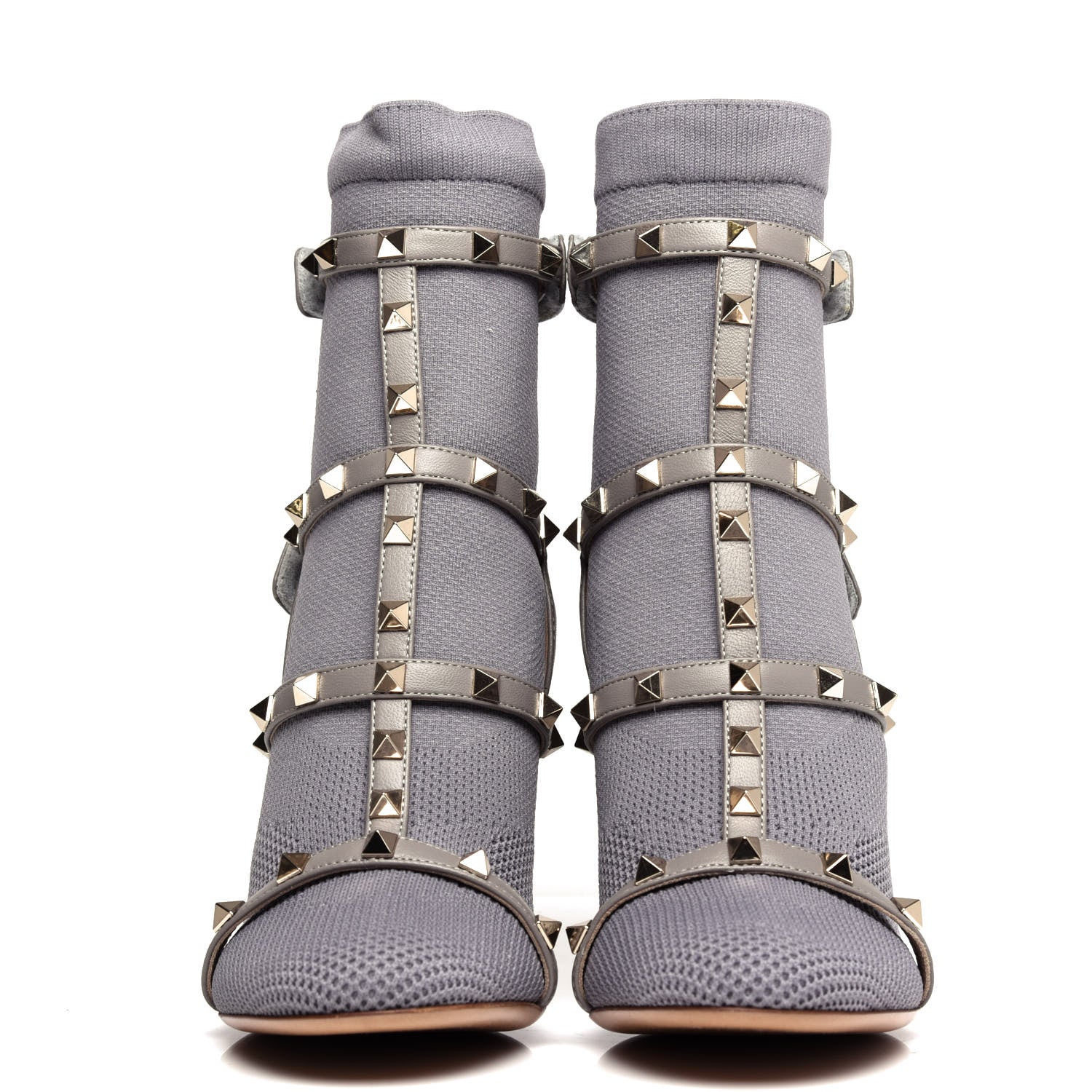 Valentino Garavani Calfskin Knit Rockstud Bodytech Sock Booties 37.5 Grey 2 of 9