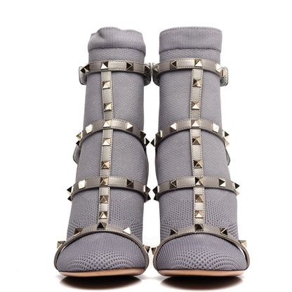 Valentino Garavani Calfskin Knit Rockstud Bodytech Sock Booties 37.5 Grey 2 of 9