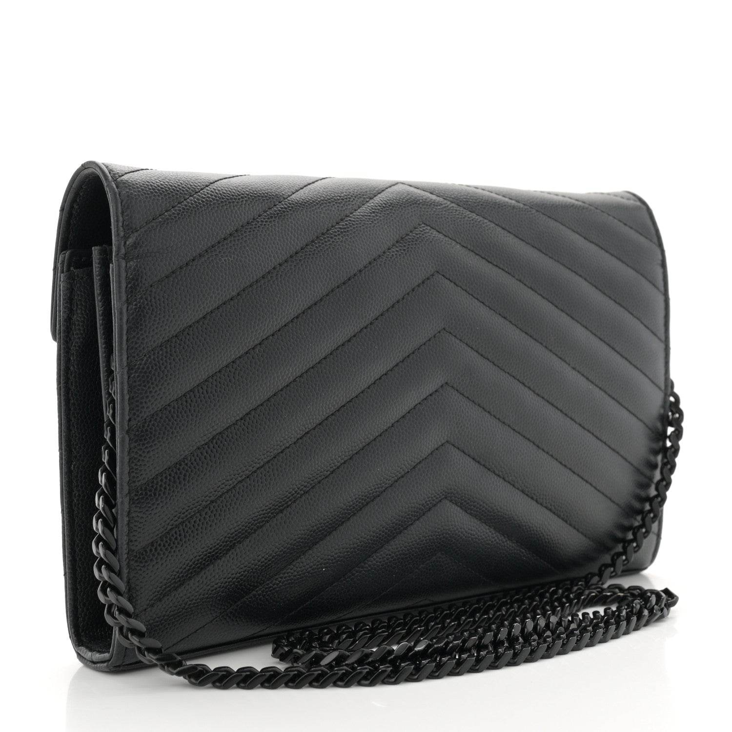 Saint Laurent Grain De Poudre Matelasse Chevron Monogram Monochrome Chain Wallet Black 3 of 15