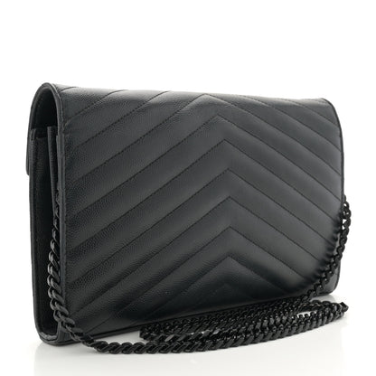 Saint Laurent Grain De Poudre Matelasse Chevron Monogram Monochrome Chain Wallet Black 3 of 15