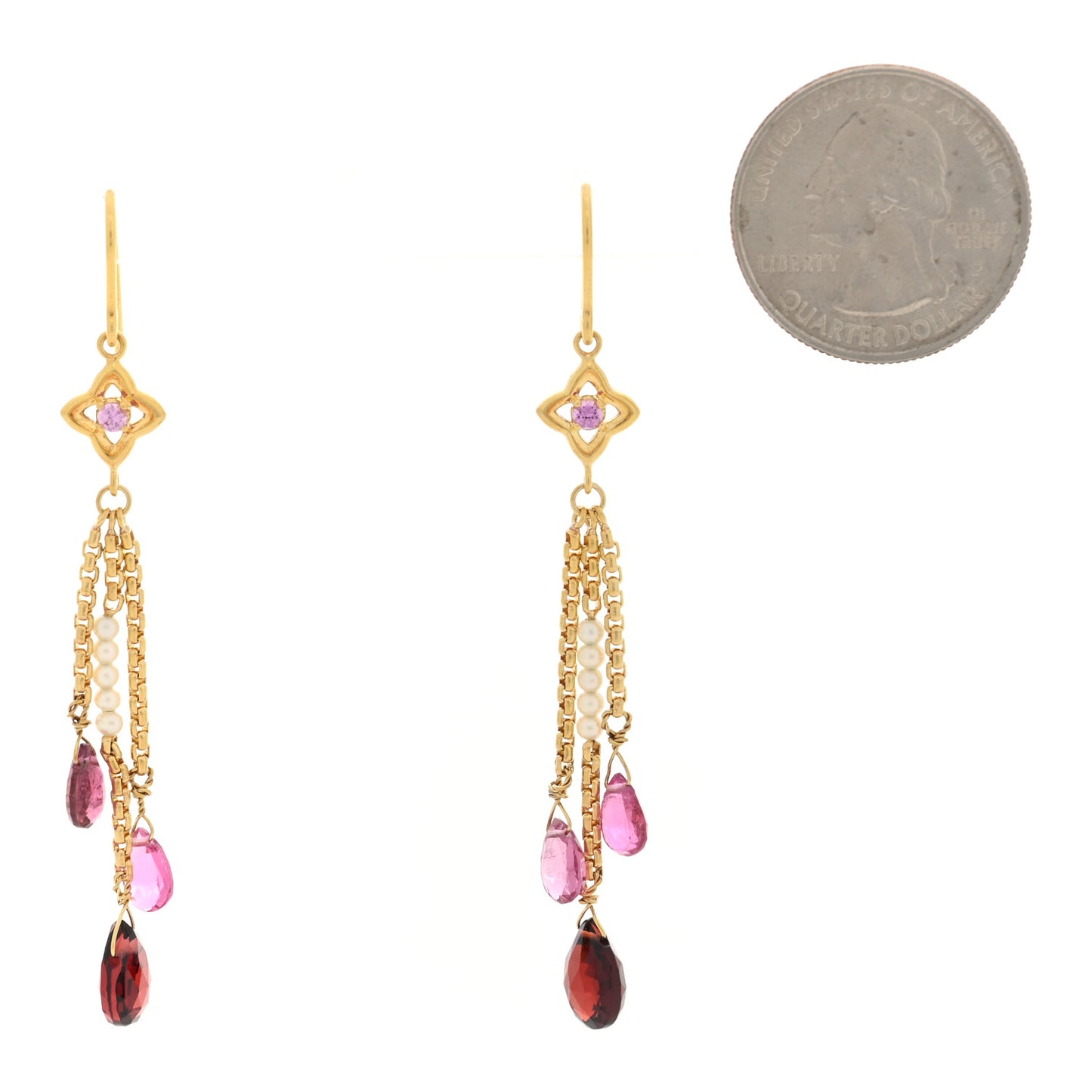 18K Yellow Gold Garnet Amethyst Pink Tourmaline Cultured Pearl Quatrafoil Chain Drop Earrings