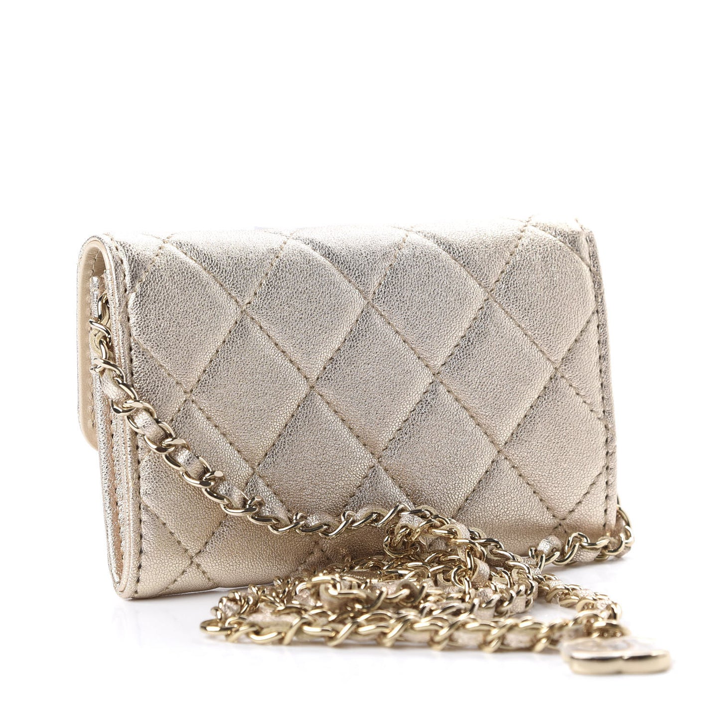 Metallic Lambskin Quilted Flap Chain Waist Bag Gold