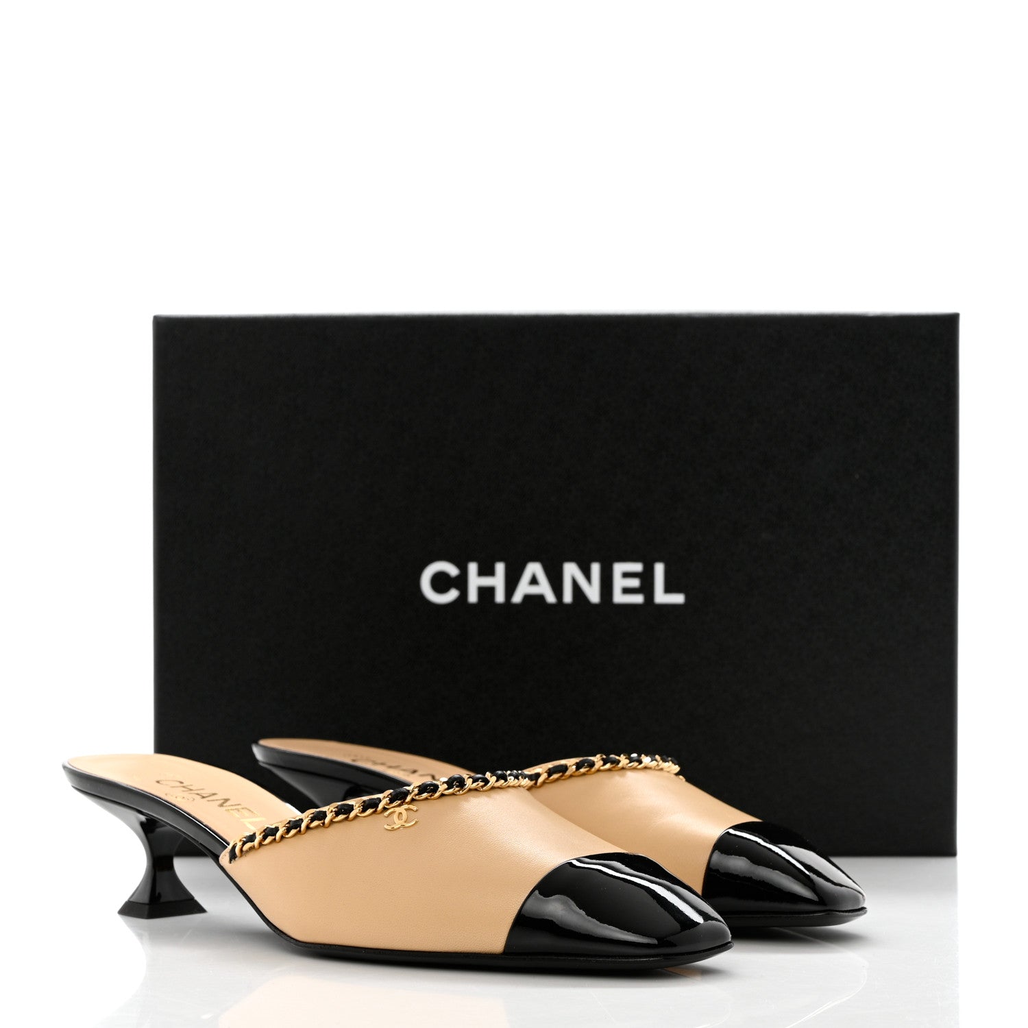 Chanel Lambskin Patent Cap Toe Chain Mule 38.5 Beige Black 9 of 9
