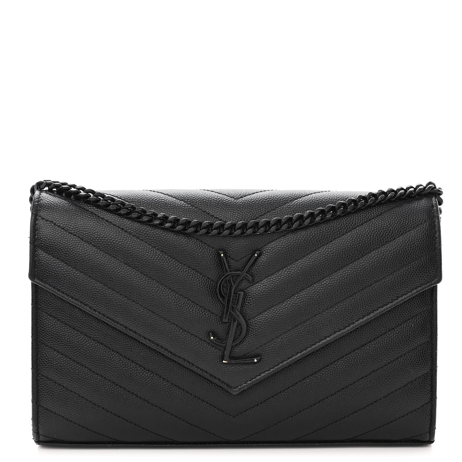 Saint Laurent Grain De Poudre Matelasse Chevron Monogram Monochrome Chain Wallet Black 1 of 12