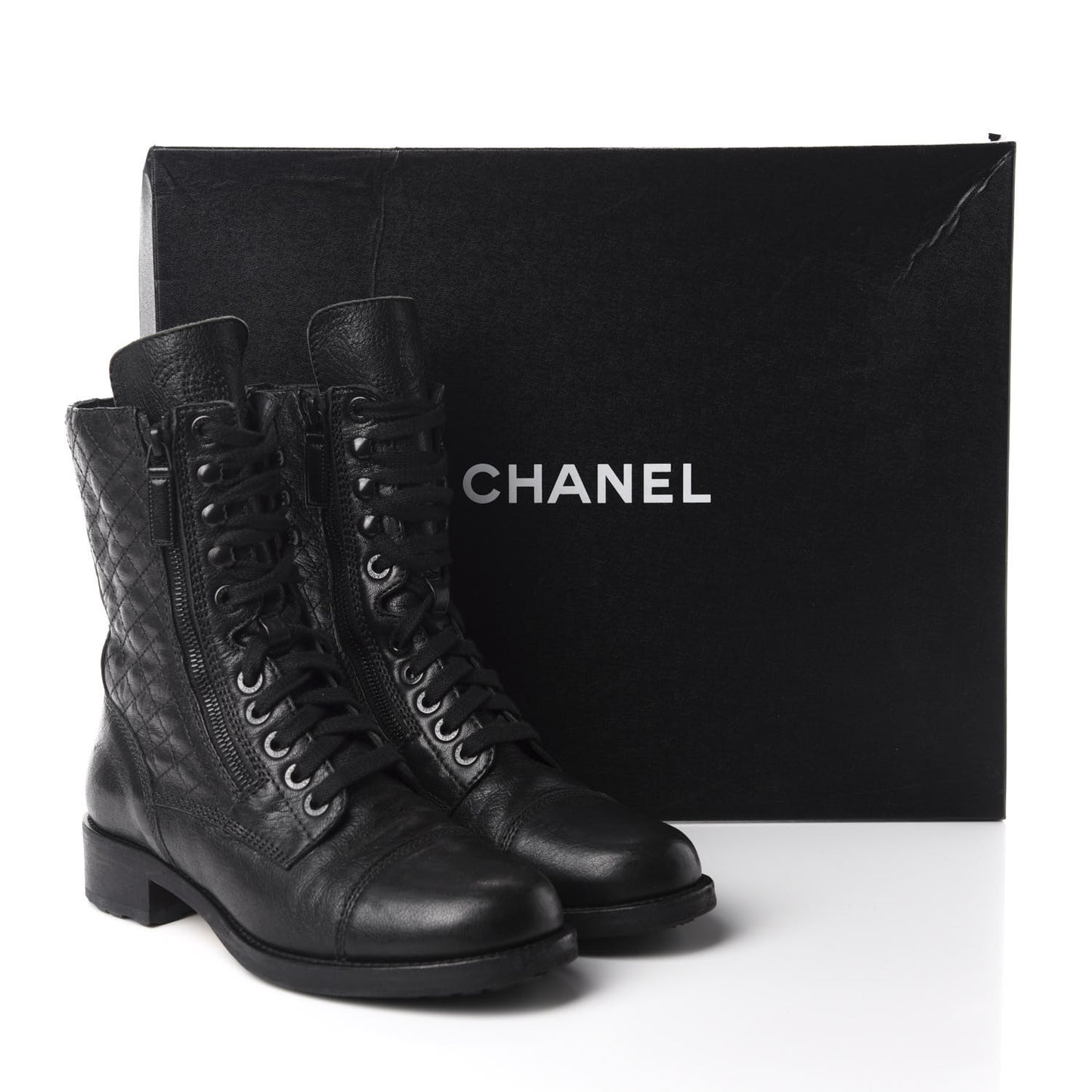 Sheepskin Quilted CC Tall Lace Up Combat Boots 39 Black