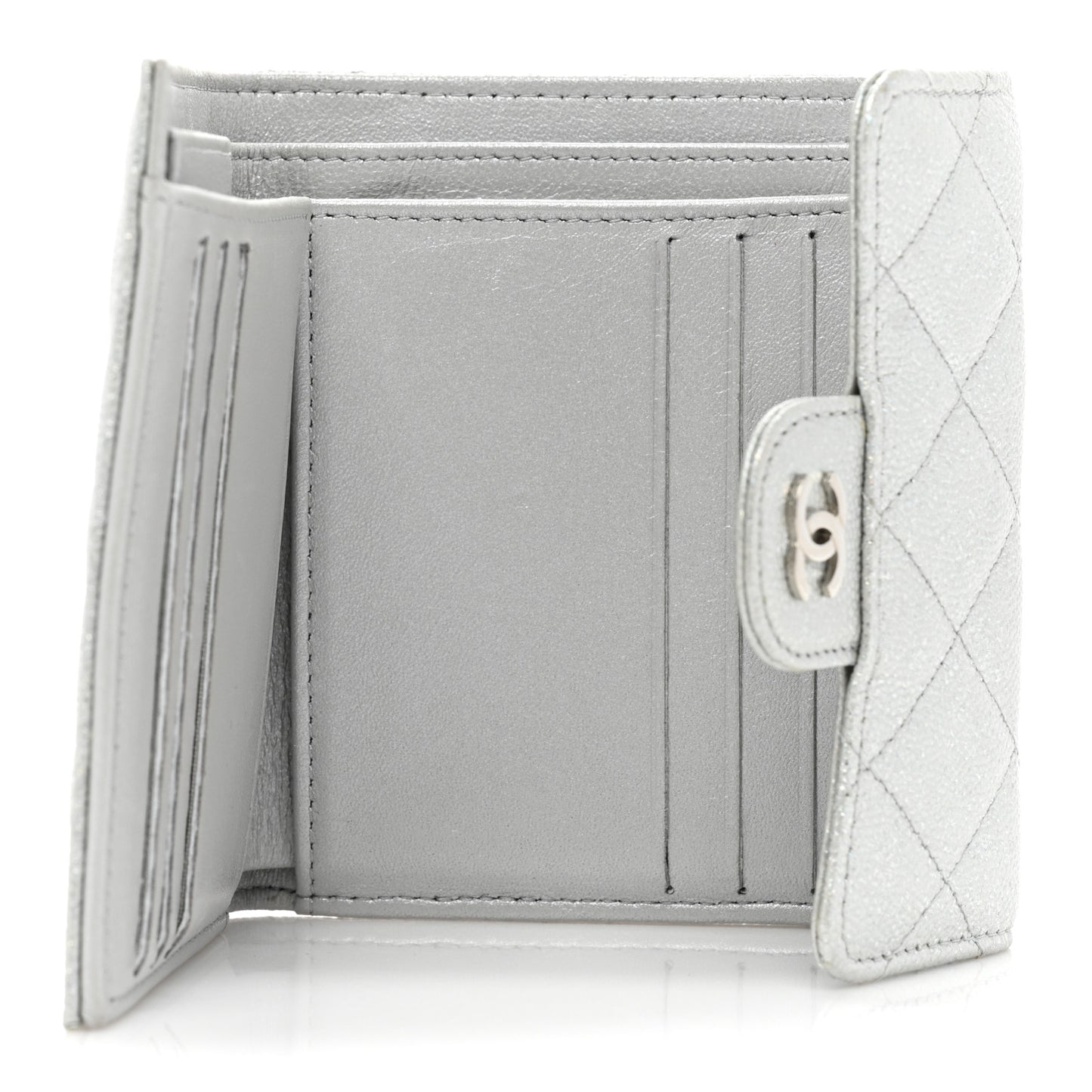 Metallic Caviar Quilted Compact Flap Wallet Silver