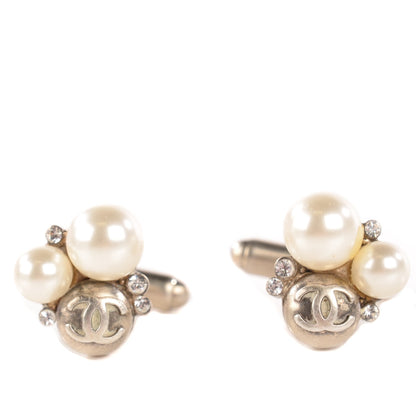 Chanel Pearl Crystal CC Cufflinks Silver 1 of 5