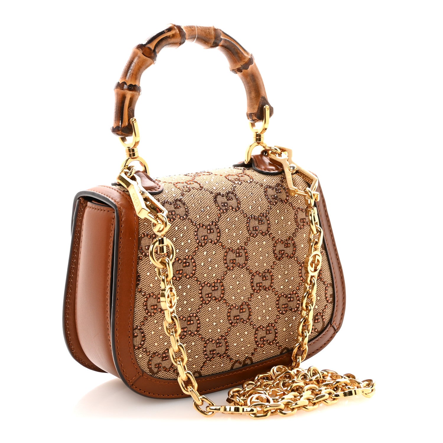 Gucci New Canvas Charisma Calfskin Crystal GG Monogram Small Bamboo 1947 Top Handle Bag Camel Ebony 3 of 9