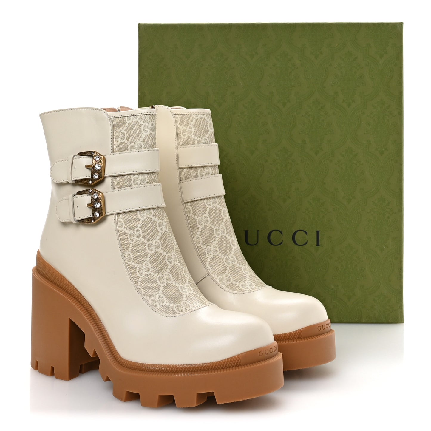 Kensington Calfskin Nappa GG Supreme Monogram Womens Double Buckle Ankle Boots 41.5 Mystic White Beige