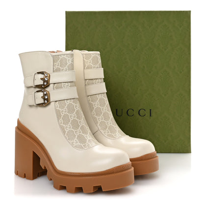 Gucci Kensington Calfskin Nappa GG Supreme Monogram Womens Double Buckle Ankle Boots 41.5 Mystic White Beige 9 of 9