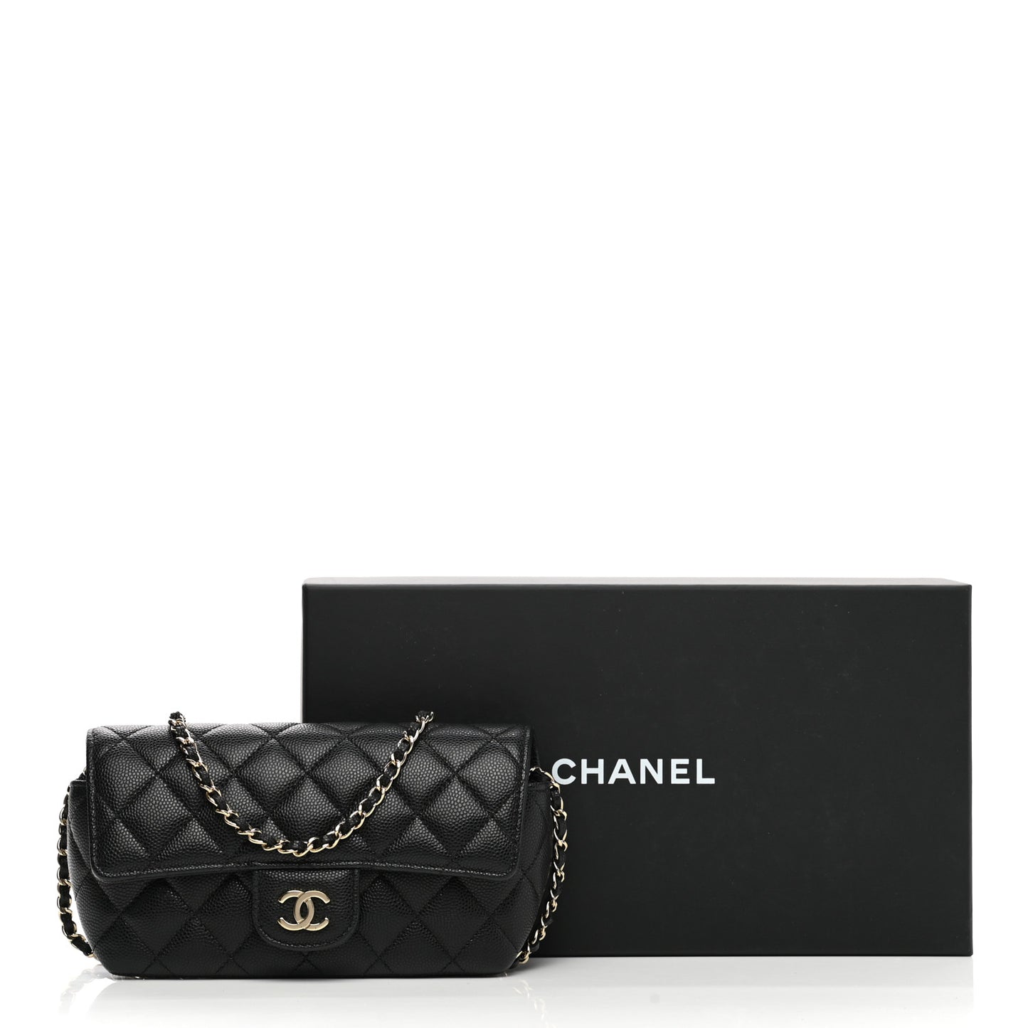 Caviar Quilted Glasses Case With Chain Black