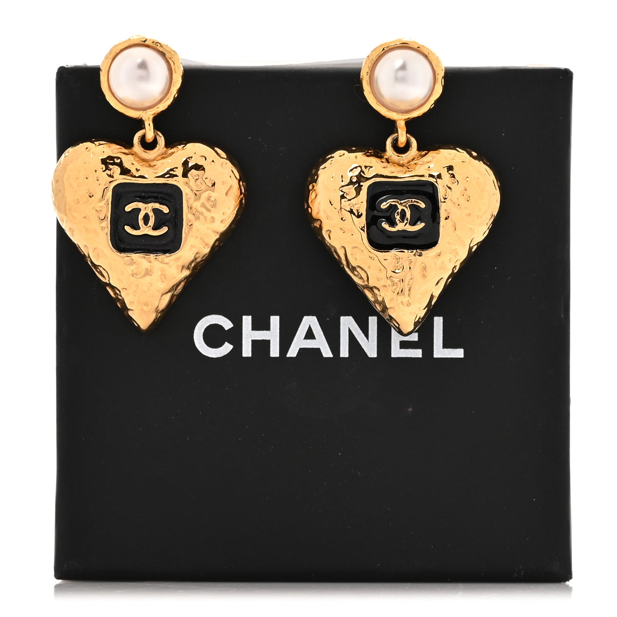 Chanel Metal Pearl Resin CC Heart Drop Earrings Gold Black 5 of 5