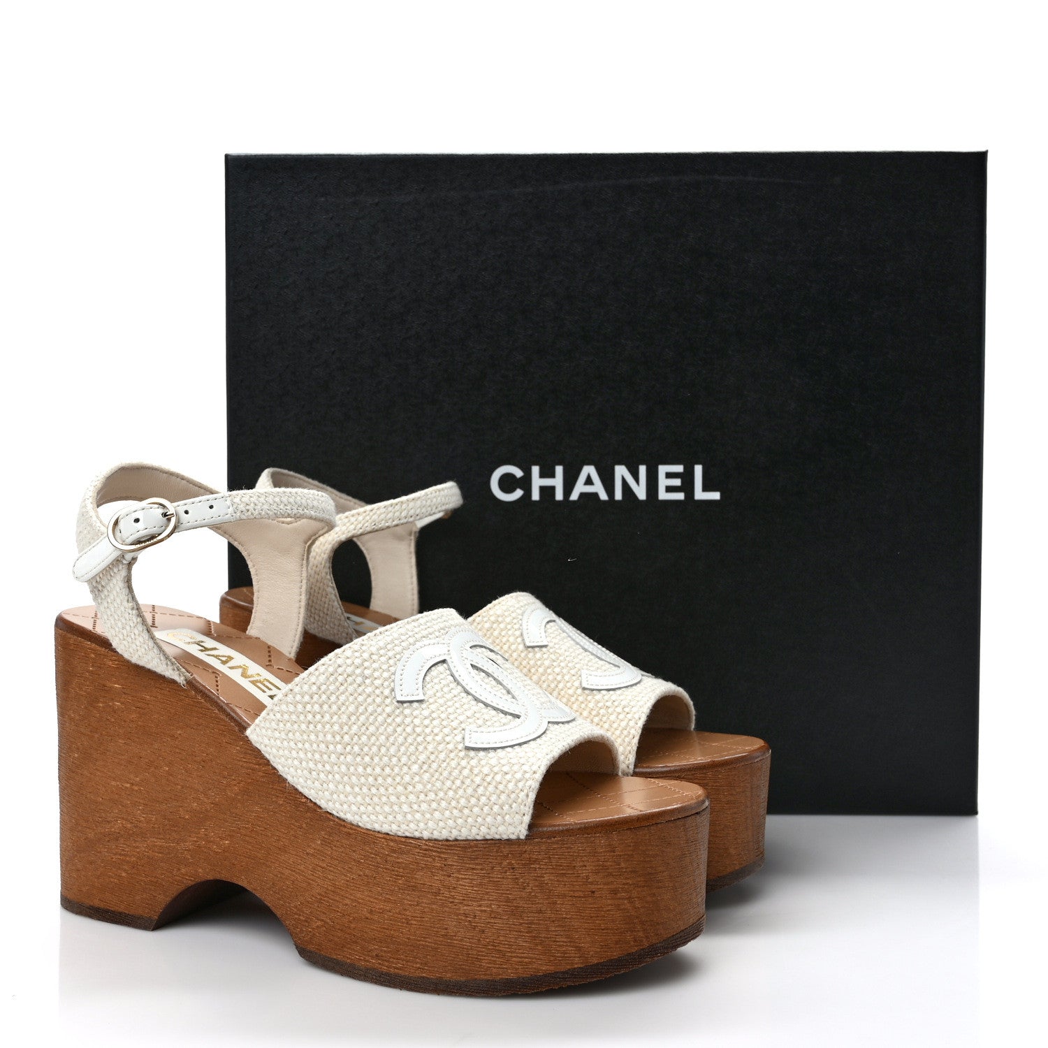 Chanel Fabric Patent Calfskin Platform Wedge Sandals 36 Ivory