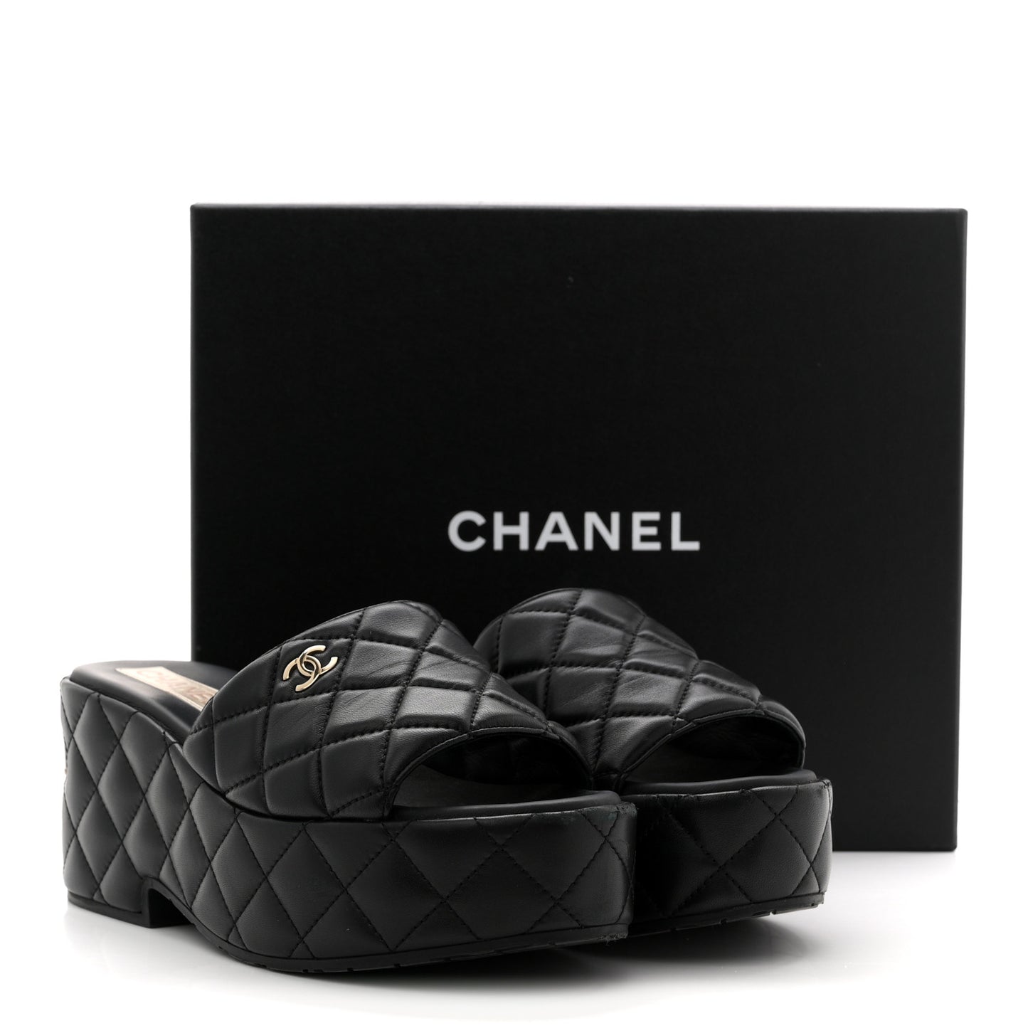 Lambskin Quilted CC Mules Wedge Sandals 40 Black