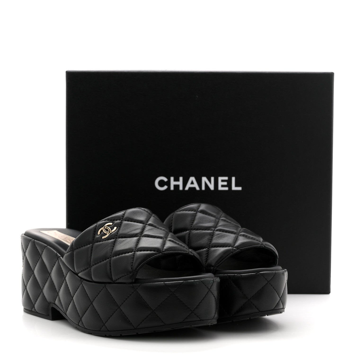 Chanel Lambskin Quilted CC Mules Wedge Sandals 40 Black 15 of 15