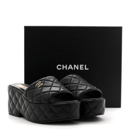 Chanel Lambskin Quilted CC Mules Wedge Sandals 40 Black 15 of 15
